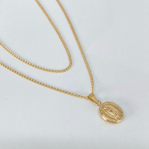 Set Cadena ● Cubana + Dije Virgen Guadalupe Oro amarillo 18k 2,45 Gr / 1,4 mm / 60 Cm