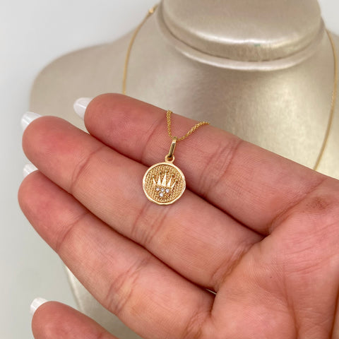 Set Cadena ● Mini China + Dije Corona Circones Blancos Redondo Oro amarillo 18k 2,63 Gr / 1,2 mm / 50 Cm *