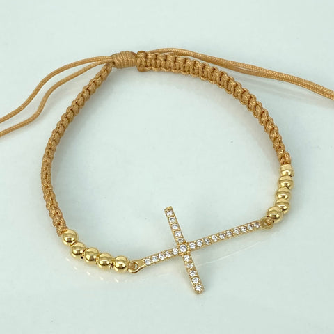 Pulsera tejida Herraje Cruz Circones / BL 10uni 3mm / Hilo Beige Oro amarillo 18k 1,59 Gr *