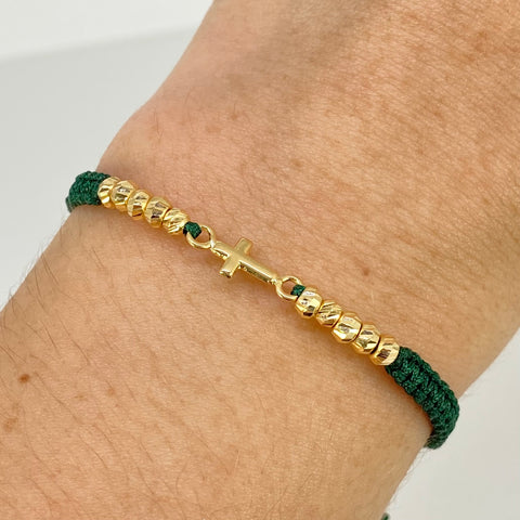 Pulsera tejida Herraje Cruz / BD 10uni 3mm / Hilo Verde Oro amarillo 18k 0,77 Gr *