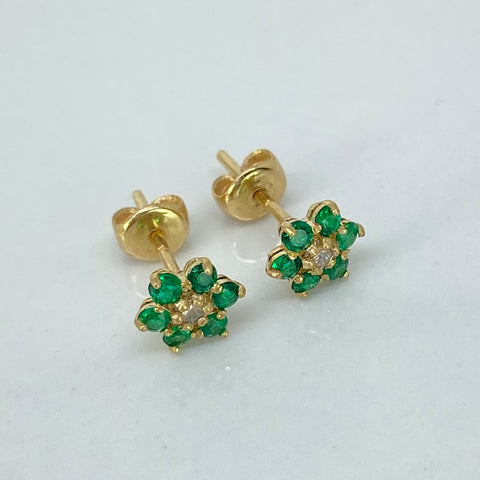 Topos Flor 30PTS Esmeraldas / 7PTS Diamante Oro amarillo 18k 1 Gr / 6 mm *