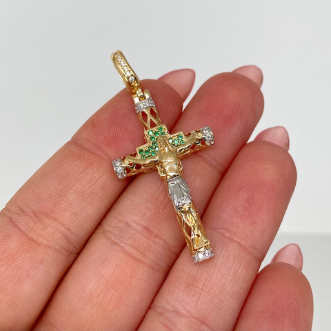 Dije Cruz Cristo Circones Blancos Y Verdes Oro amarillo y Oro blanco 18k 4,28 Gr / 4,4 Cm *