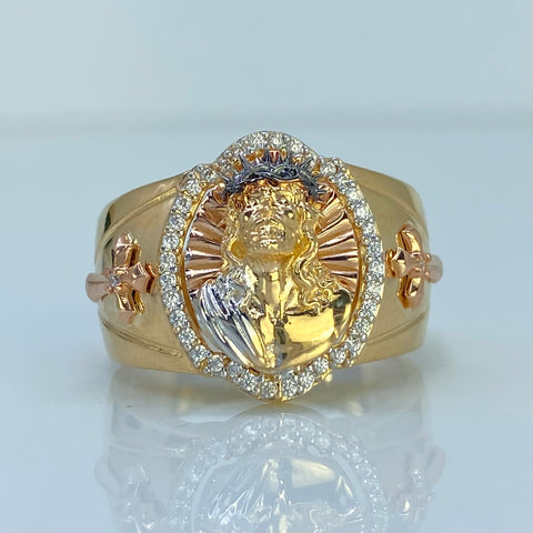 Anillo Jesus Diamantado Circones Blancos Tres oros 18k / Talla 9 3/4 / 7,92 Gr *