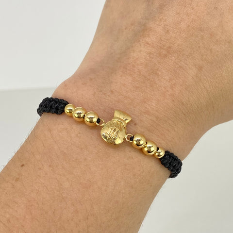 Pulsera tejida Herraje Bolsa Dinero / BL 6uni 5/4mm / Hilo Negro Oro amarillo 18k 1,12 Gr *