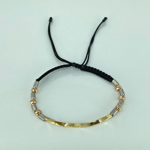 Pulsera tejida Tubo Entorchado BD 4mm 6uni Cilindro 6uni Hilo Negro Tres oros 18k 1,6 Gr *