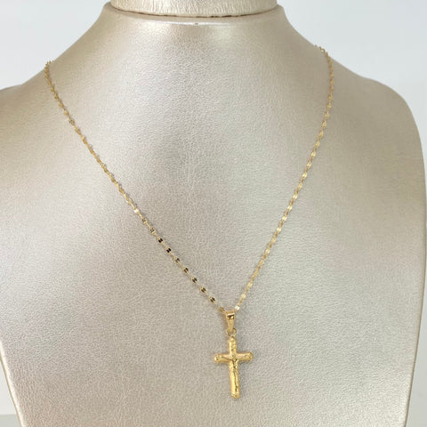 Set Cadena ● Flor Espejo Crispeta + Dije Cruz Cristo Oro amarillo 18k 1,49 Gr / 1,5 mm / 45 Cm *