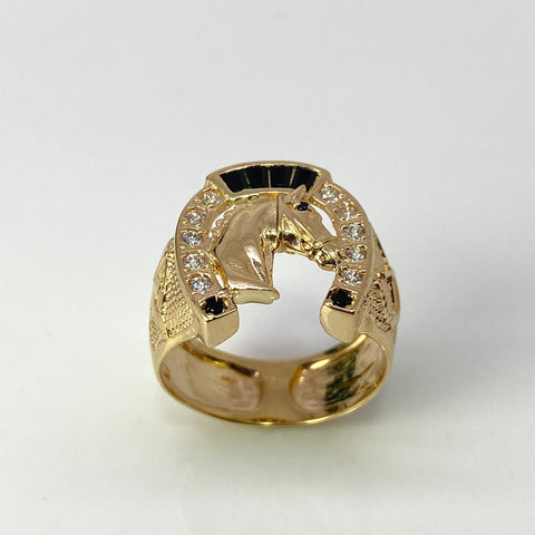Anillo Herradura Caballo Circones Blancos Y Negros Oro amarillo 18k / Talla 10 1/2 / 7,44 Gr