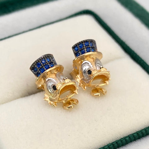 Topos Pato Caricatura  Circones Azules Oro amarillo 18k 2,90 Gr / 11,4 mm  *