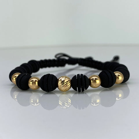 Pulsera tejida Bolas Lisas 6 mm Y Diamantada 7 mm / Cilindros Hilo Negro Oro amarillo 18k 0,94 Gr *