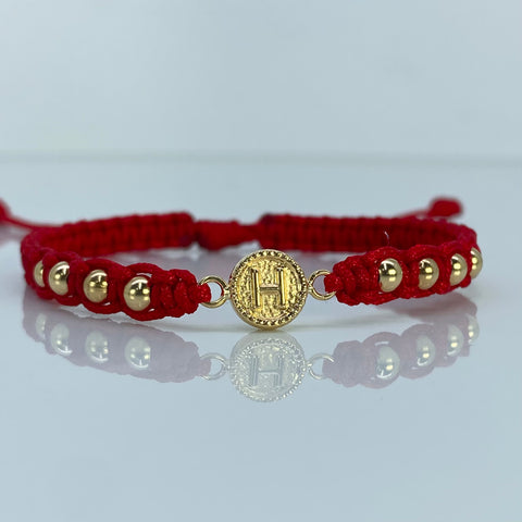 Pulsera tejida Herraje Letra H / BL 4mm 8uni / Hilo Rojo Oro amarillo 18k 1,1 Gr *