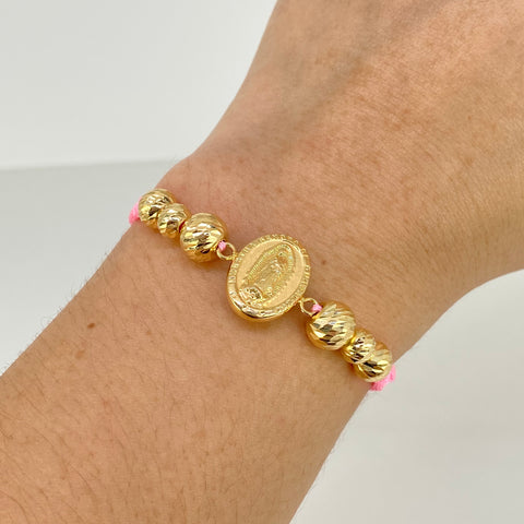 Pulsera tejida Herraje Virgen Guadalupe / BD 6uni 8/7/6mm / Hilo Rosa Oro amarillo 18k 2,47 Gr *