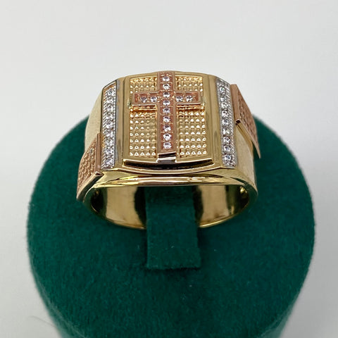 Anillo Cruz Fondo Diamantado Circones Blancos Tres oros 18k / Talla 10 1/4 / 9 Gr