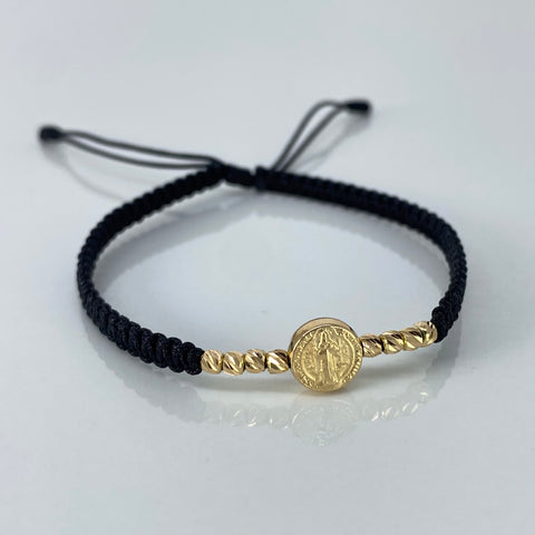 Pulsera tejida Pareja San Benito / BD 8uni 3mm / Hilo Negro Oro amarillo 1,25 Gr *