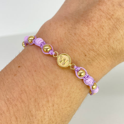 Pulsera tejida Herraje Letra W / BL 6uni 5mm / Hilo Lila Neopreno Oro amarillo 18k 1,02 Gr *