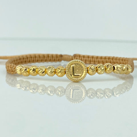Pulsera tejida Herraje Letra L / BD 12uni 4mm / Hilo Beige Oro amarillo 18k 1,09 Gr *