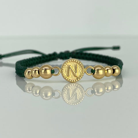 Pulsera tejida Herraje Letra N / BL 6uni 5mm 4mm / Hilo Verde Oro amarillo 18k 1,0 Gr *