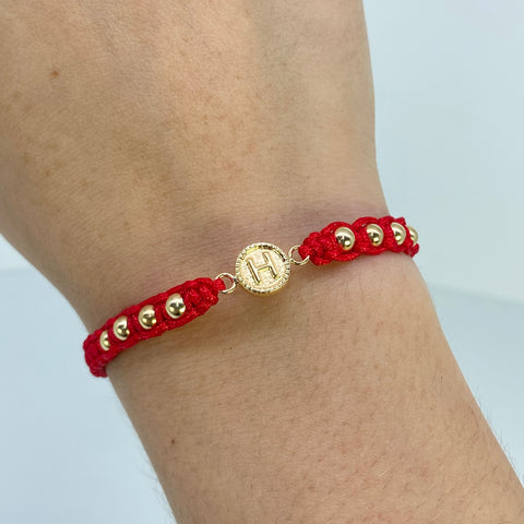 Pulsera tejida Herraje Letra H / BL 4mm 8uni / Hilo Rojo Oro amarillo 18k 1,1 Gr *