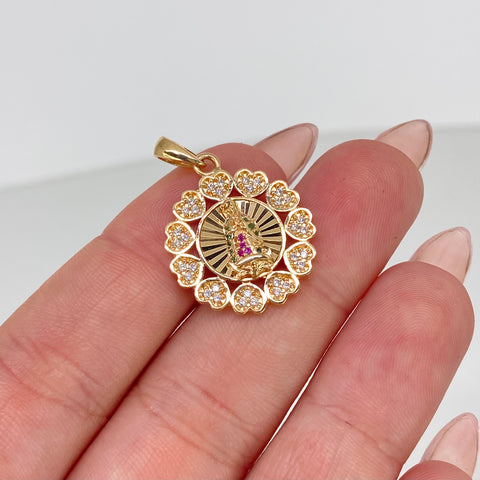 Dije Virgen Guadalupe Circones Blancos Corazones Oro amarillo 3,75 Gr / 3,8 Cm †