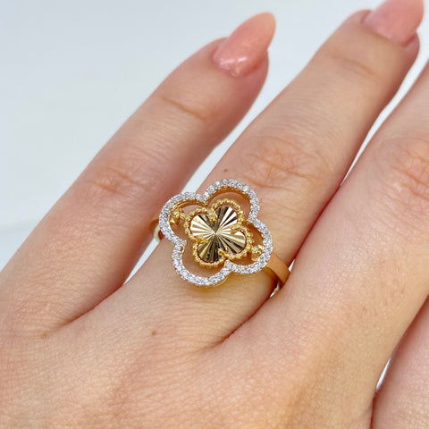 Anillo Trebol Articulado Diamantado Circones Blancos Oro amarillo y Oro blanco 18k / Talla 7 3/4 / 3,8 Gr †