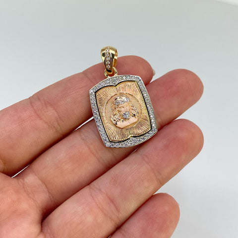 Dije Placa Rostro Cristo Circones Blancos Oro blanco y Oro rosa 18k 6,05 Gr / 3,5 Cm  †