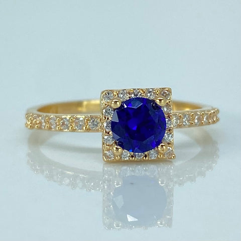 Anillo Solitario Cuadrado Circones Blancos Azul Oro amarillo / Talla 6 1/2 / 2,1 Gr *