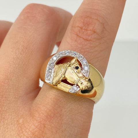 Anillo Caballo Circones Blancos Oro amarillo y Oro blanco 18k / Talla 10 1/2 / 5,64 Gr