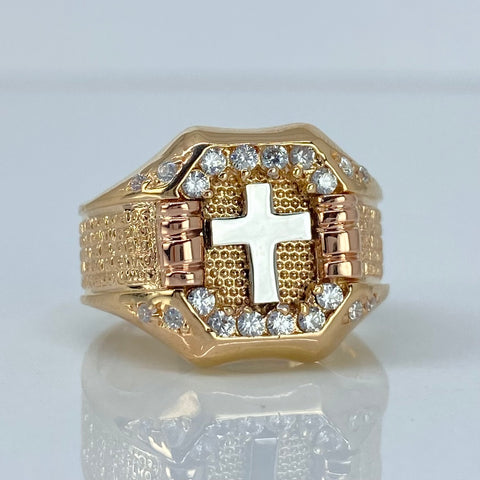 Anillo Cruz Central Con Circones Blancos Tres oros 18k / Talla 9 / 6,57 Gr †