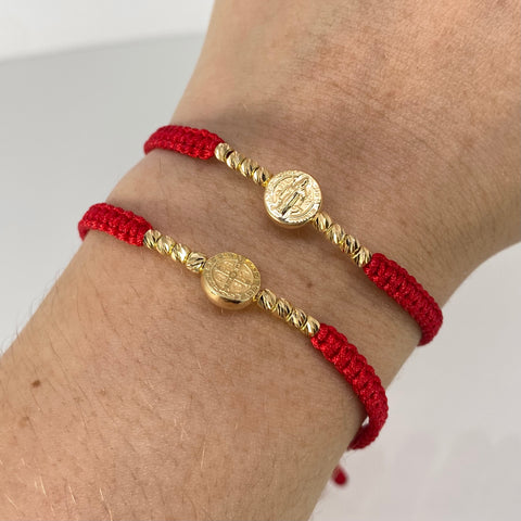 Pulsera tejida Pareja Herraje San Benito / BD 8uni 3mm / Hilo Rojo Oro amarillo 1,25 Gr †