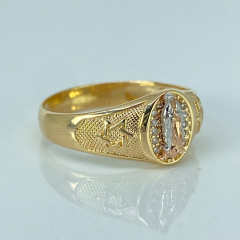 Anillo Virgen Guadalupe Estrella Circones Blancos Tres oros / Talla 9 1/2 / 3,7 Gr †