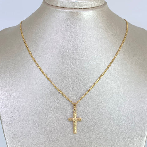 Set Cadena Cubana + Dije Cruz Cristo Oro amarillo 18k 2,78 Gr / 2 mm / 60 Cm †