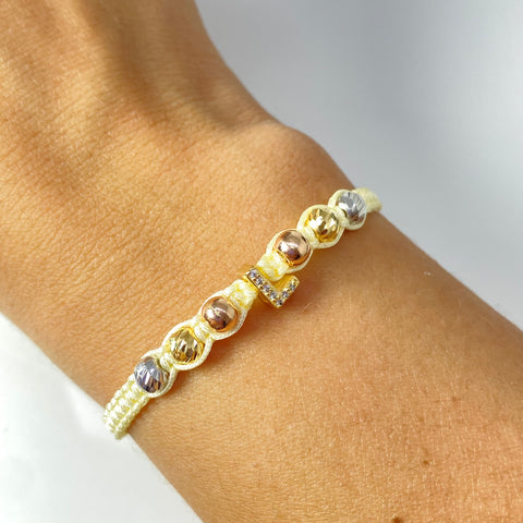 Pulsera tejida Letra L Circones Blancos Hilo Dorado Claro Tres oros 18k 1,15 Gr †