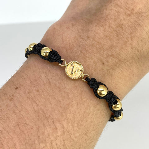 Pulsera tejida Herraje Letra V / BL 6uni 5mm / Hilo Negro Oro amarillo 18k 1,31 Gr *
