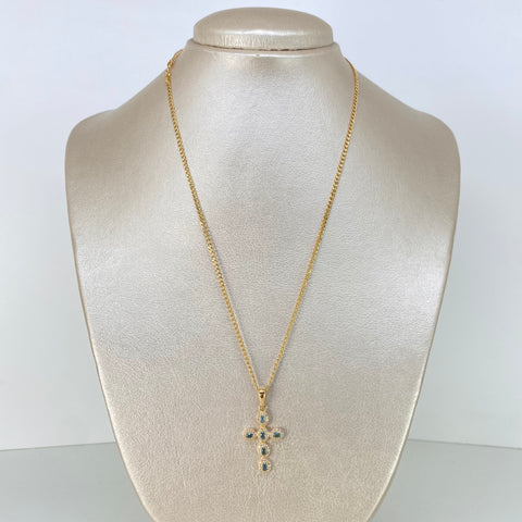 Set Cadena ● Cubana + Dije Cruz Circones Blancos Azules Oro amarillo 18k 3,6 Gr / 1,9 mm / 45 Cm *