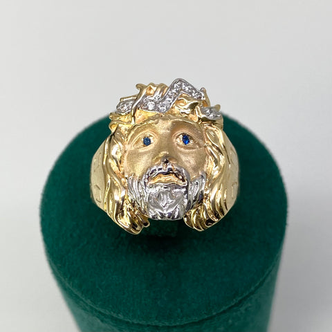 Anillo Cristo Circones Azules Oro amarillo y Oro blanco 18k / Talla 10 1/4 / 9,45 Gr