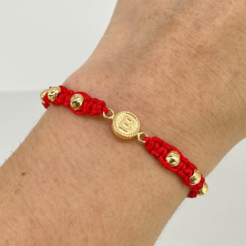 Pulsera tejida Herraje Letra B / BD 6uni 5mm / Hilo Rojo Oro amarillo 18k 1,08 Gr *