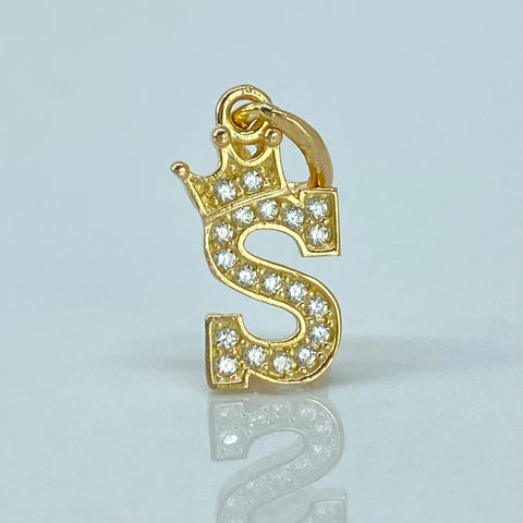 Dije Corona Letra S Circones Blancos Oro amarillo 18k 0,95 Gr / 1,8 Cm *
