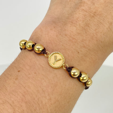 Pulsera tejida Herraje Letra Y / BL 6uni 6mm / Hilo Cafe Oro amarillo 18k 1,8 Gr *