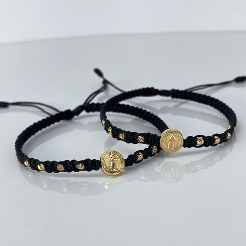 Pulsera tejida Pareja San Benito / BD 8uni 3mm / Hilo Negro Oro amarillo 1,25 Gr *