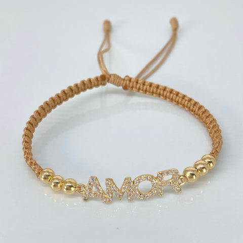 Pulsera tejida Herraje AMOR Circones Blancos / BL 6uni 4mm / Hilo Beige Oro amarillo 18k 1,55 Gr *