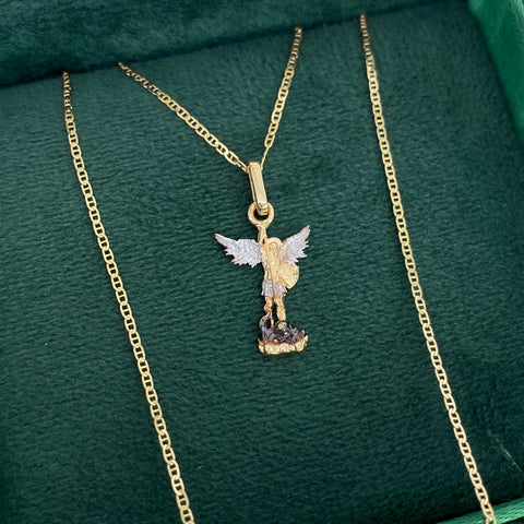 Set Cadena ● Escalera Plana + Dije San Miguel Arcangel Oro amarillo y Oro blanco18k 2,95 Gr / 1 mm / 60 Cm *