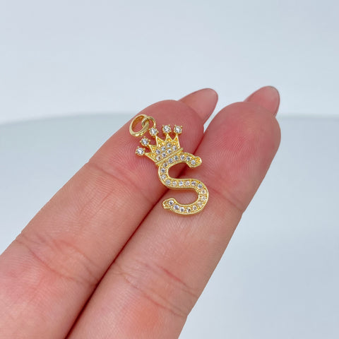 Dije Letra S Corona Circones Blancos Oro amarillo 1,8 Gr / 2,5 Cm †