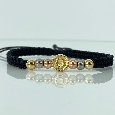 Pulsera tejida Herraje Letra O / BL 6uni 5mm / Hilo Negro Tres oros 18k 1,08 Gr *