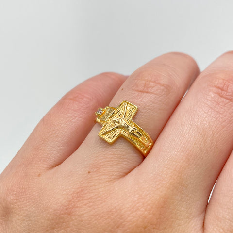 Anillo Cruz Cristo Circon Blanco Oro amarillo 18k / Talla 6 / 2,90 Gr *