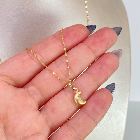 Set Cadena ● Flor Espejo + Dije Luna Oro amarillo 18k 1,26 Gr / 1,1 mm / 45 Cm *