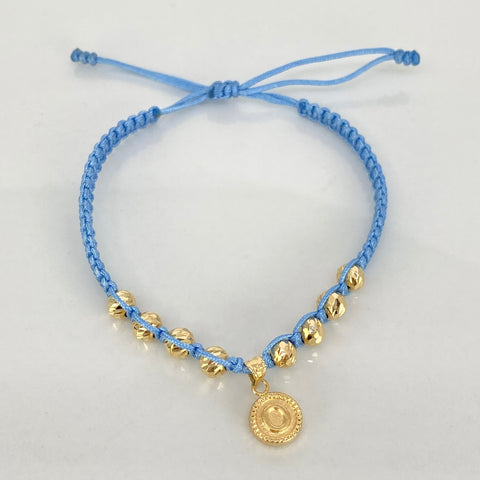 Pulsera tejida Dije Letra O / BD 8uni 5mm / Hilo Celeste Oro amarillo 18k 1,22 Gr *