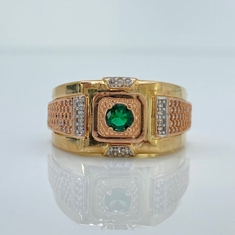 Anillo Cuadro Circon Verde Central Y Circones Blancos Tres oros 18k / Talla 10 1/4 / 8,60 Gr †
