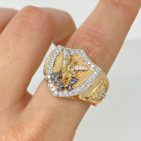 Anillo Escudo San Miguel Arcangel Con Circones Blancos Oro amarillo y Oro blanco 18k / Talla 11 / 8 Gr