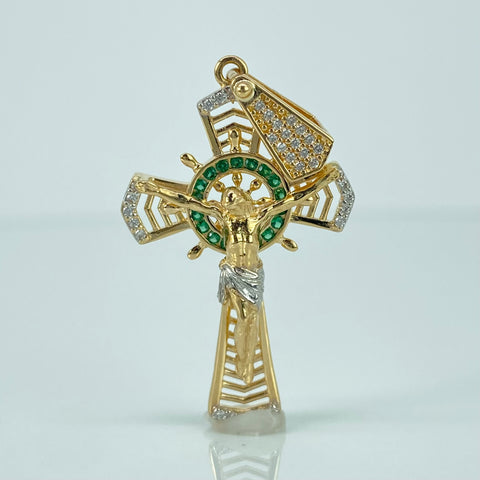 Dije Cruz Circones Blancos Verdes Oro amarillo 18k 5,3 Gr / 4,5 Cm