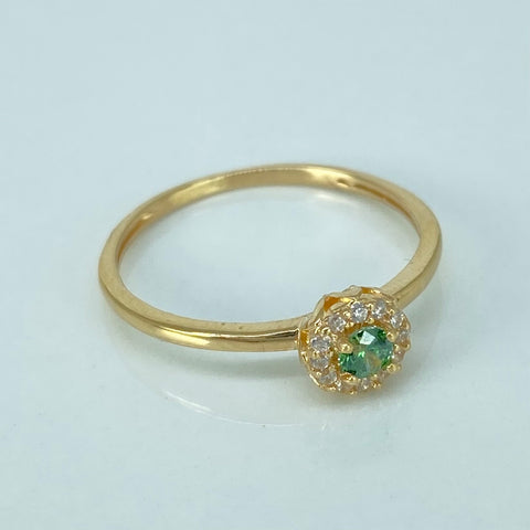 Anillo Solitario Flor Circones Blancos Verde Oro amarillo / Talla 6 1/2 / 1,5 Gr