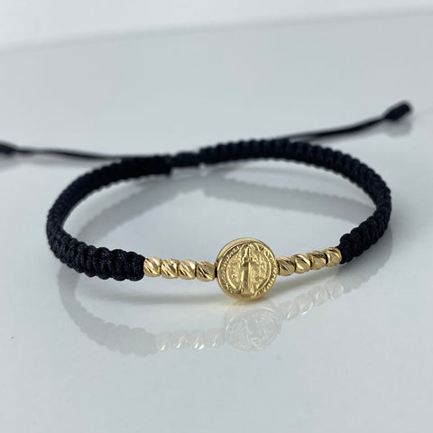 Pulsera tejida Pareja Herraje San Benito / BD 8uni 3mm / Hilo Negro Oro amarillo 1,25 Gr †